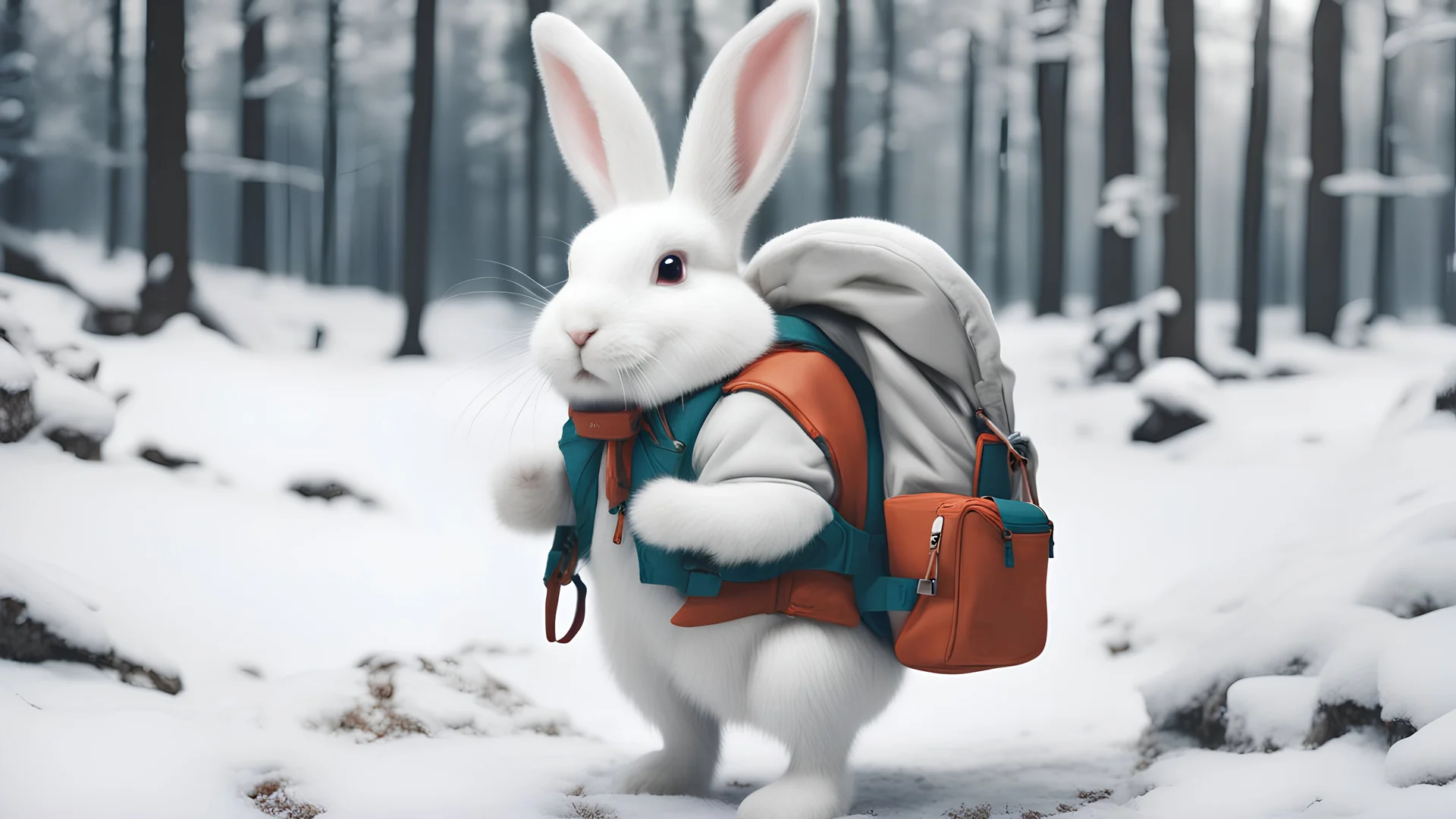 A white bunny with a backpack hoping in a snowy forest