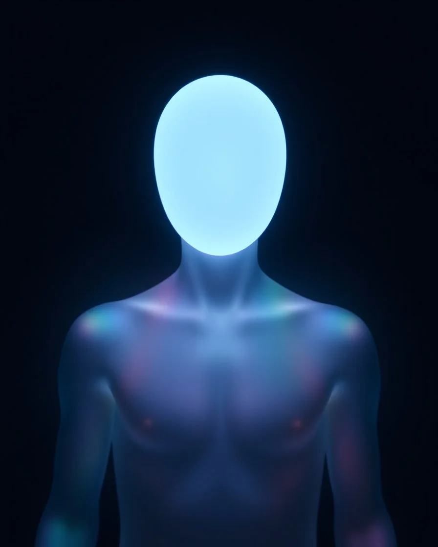 atmospheric, low contrast, sfumato, holoprint, humanoid form with a faceless glowing oval head, multi-colored soft glowing colors, minimalist, dark background, an image of interest