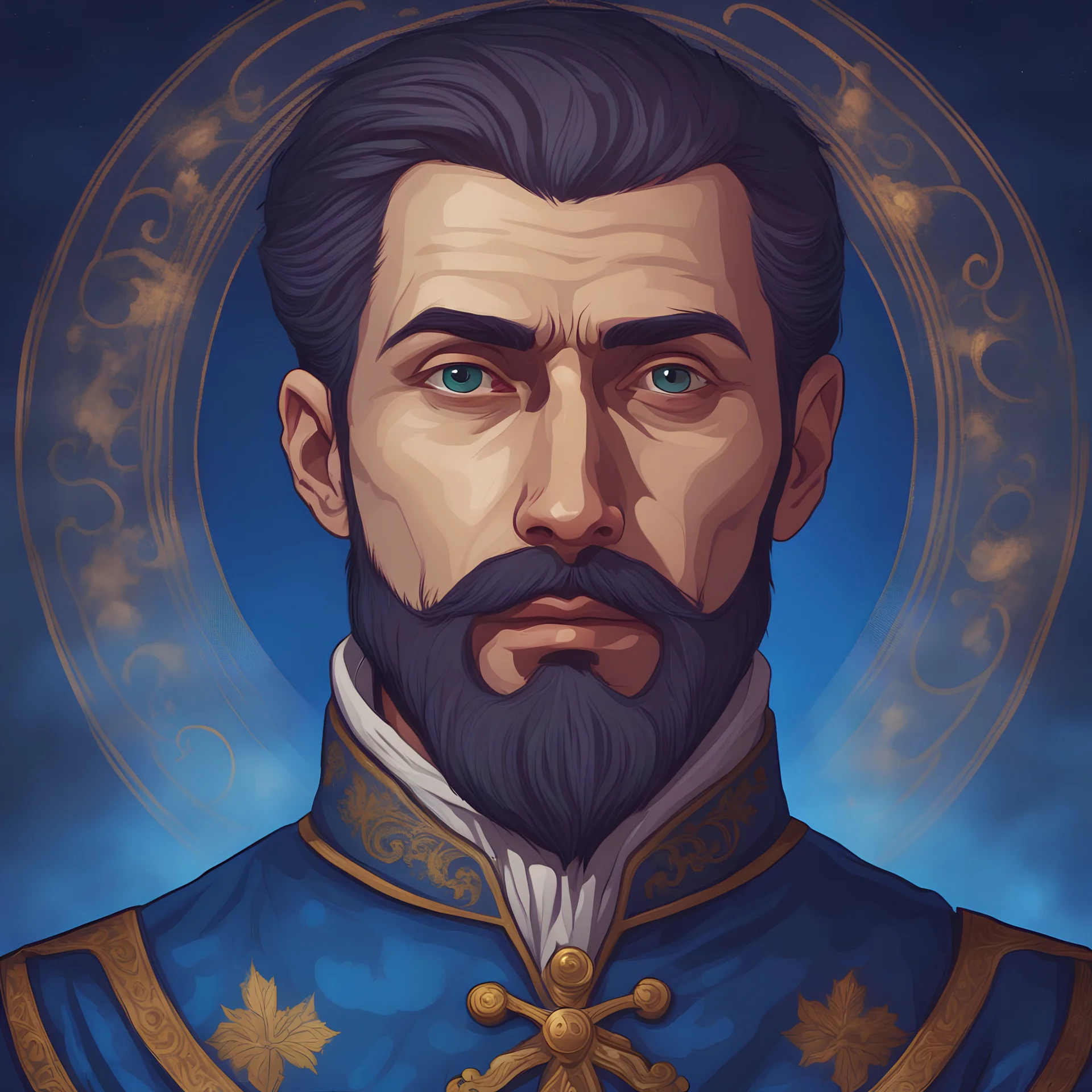 A blue transparent skin ghost spectre of European man short hair short beard wearing medieval noble aristocrat cloth at the midnight sky