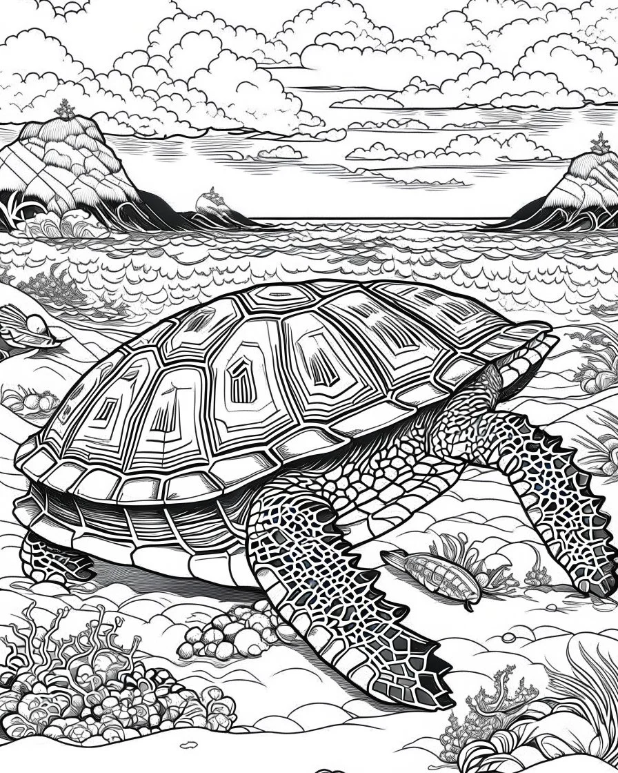 coloring pages for kids, Pacific island shaped Japanese ink painting, paradise, sea turtles , Art drawing .super detailed, anime cartoon style, low detail, black and white, no shading, --ar 85:110