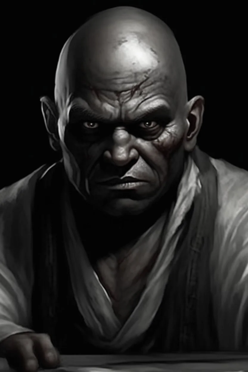 A native Indian chef, they but a fabric on his eye so he can not see and his arms are Handcuffed. looks miserable with bruises on his face like he has been beating sitting on a broken chair in a prison with dem light and dark prison environments , Busch painting style , sureal