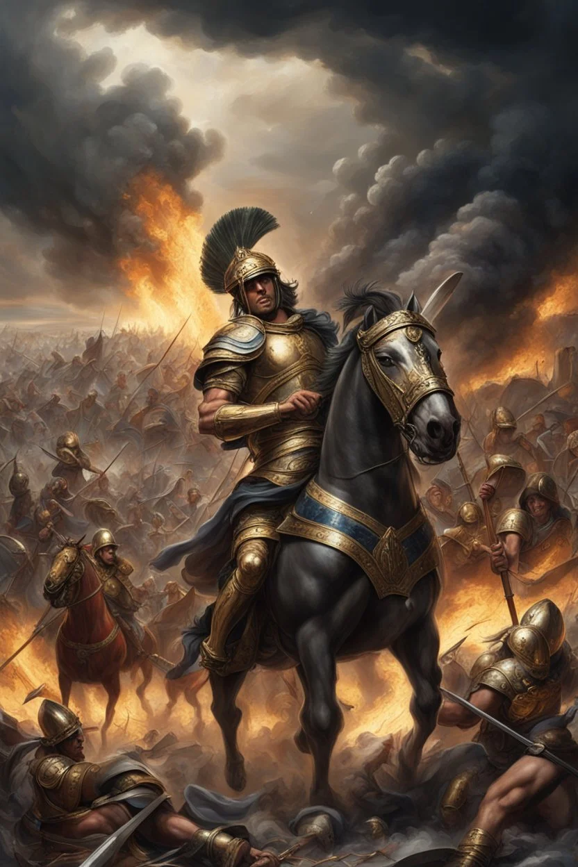 Capture an epic scene of the Trojan War with dark clouds of smoke billowing from the burning city of Troy in the background. In the foreground, the Greek hero Achilles stands resolute in gleaming armor, his face set in fierce determination. The chaotic battlefield is alive with warriors in crested helmets and shining armor clashing fiercely. The ground is littered with the wreckage of war: broken shields, arrows, and debris, while Greek ships with raised sails are anchored off the shore.