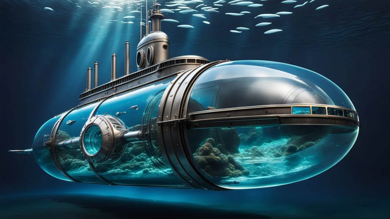 An unique futuristic glass and metal submarine in the ocean, with large of water surrounding it. The submarine bottom positioned in the center of the frame, providing a unique perspective on this streamlined high-techstructure underwater, high detalied, sharp focus, best shot, sci-fi mood