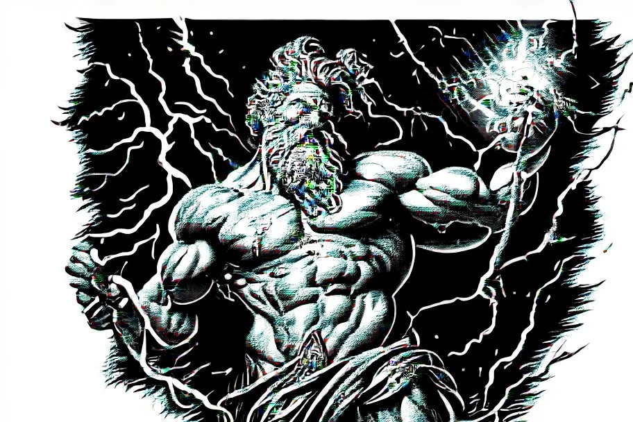 Detailed and realistic illustration of Greek god Zeus holding holding lightning. Engraving style illustration. Ultra high resolution.