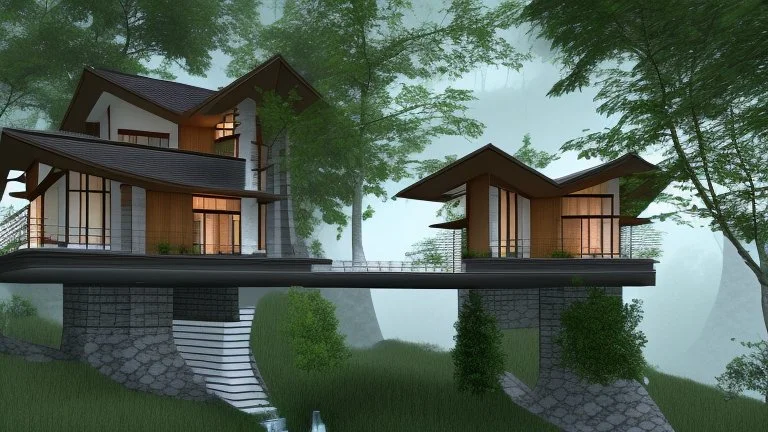 modern house by a big water falls in a karstic montain rain forest