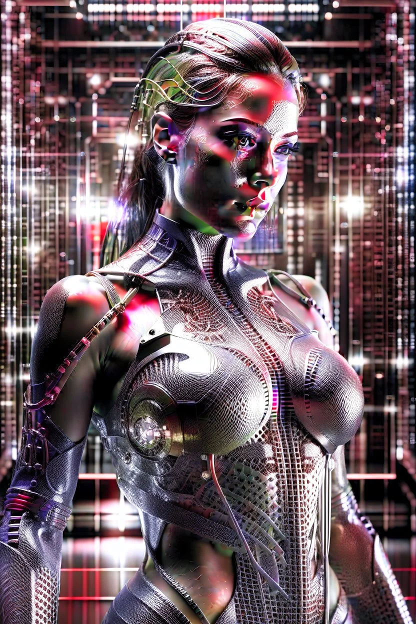 Generate an 8k image of a futuristic Hollywood superstar with android features, inspired by Luis Royo's art, wearing a metallic exosuit.In black and white, he draws the stages of human development from fetus to old age In a long room and a graveyard, and there is only one lighting source