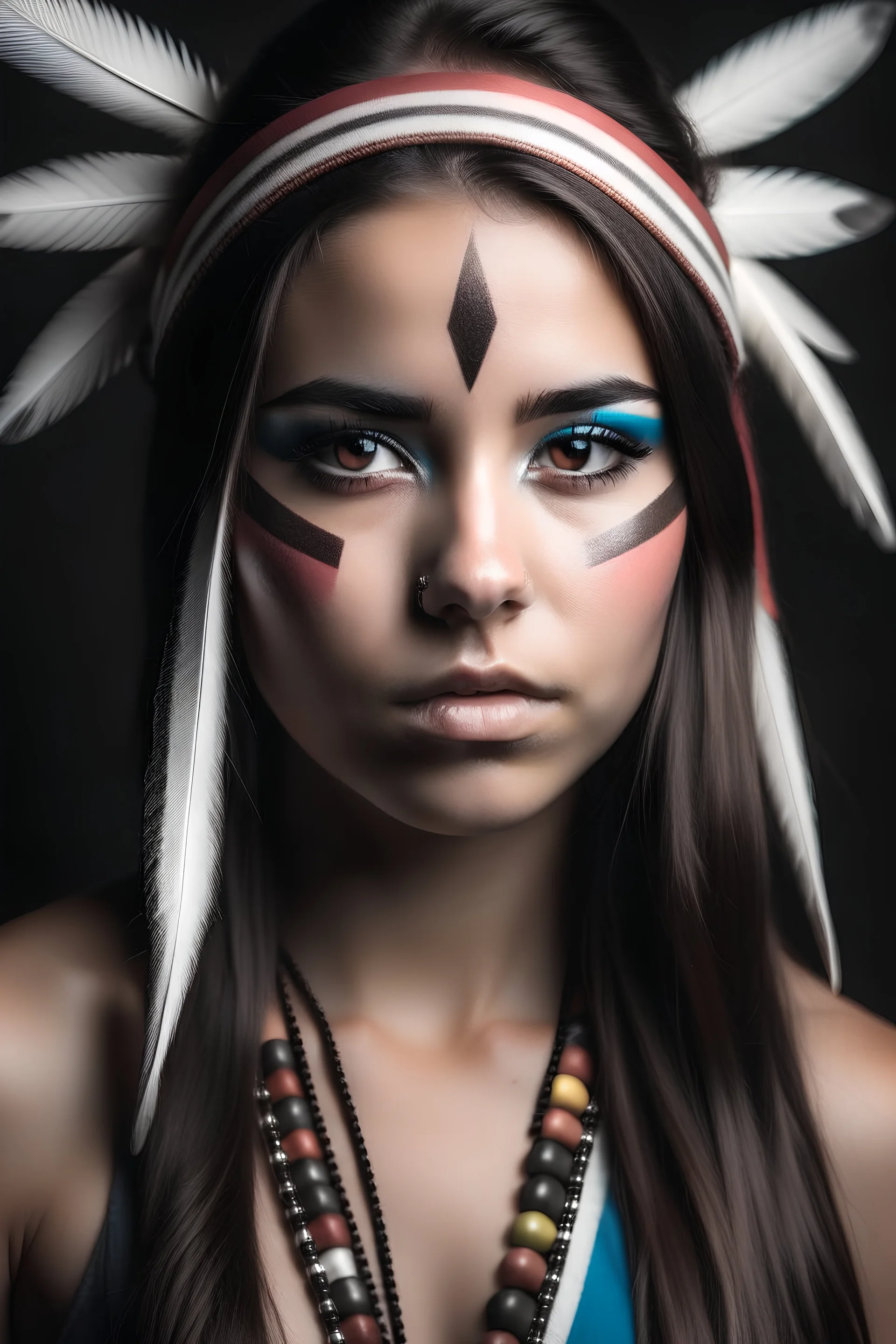 Beautiful girl with rainbow eyes, warrior, Native American, strong, sad, resilient, full body tough stance, photo-real