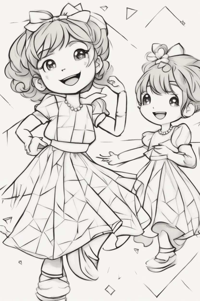 Little girls dancing in diamond-patterned dresses at a festive celebration. Use diamonds for their dresses, party decorations, and the dance floor.,very happy , Colloring page for todlliers ; basic hawali style cartoon , black and white , ink outlines , , smooth , anime style , minimalist , cute eyes , full body , white shose , sketchbook , realistic sketch , free lines , on paper , character sheet , clean line art high detailed