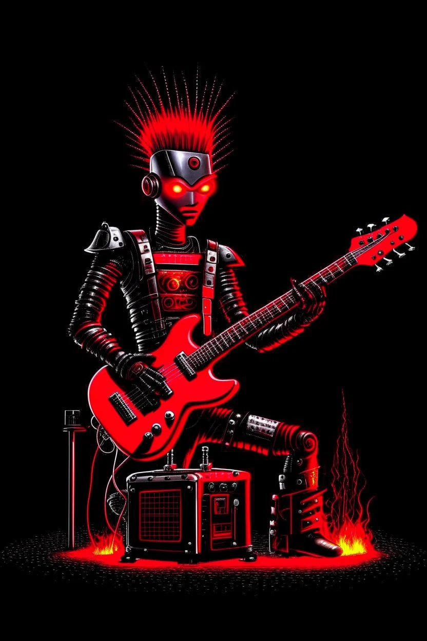 A robot, like a Terminator, with a red punk crest playing bass, black background, flames all around him.