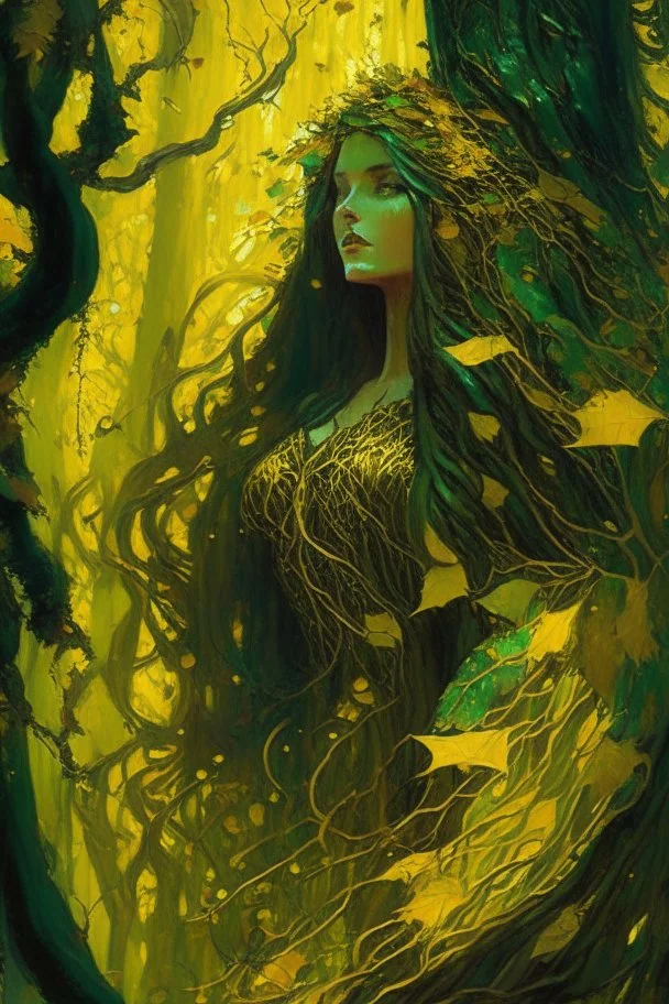 In the heart of a dense and enigmatic forest with towering ancient trees cloaked in emerald, yellow and amber foliage stands an ethereal beauty, her face is perfect, her lustrous hair cascading in ebony waves down to her slender waist she is slowly turning into a tree herself