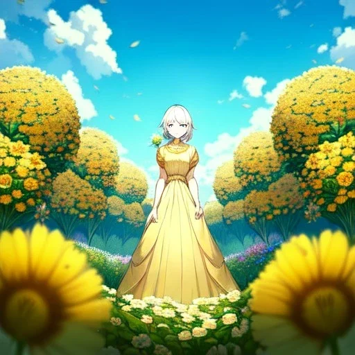 anime girl holding on to a dried dandelion flower and blowing the dried seeds into the air as the wind carries them away. outdoors scene.anime girl standing in a meadow of flowers. thw wind is blowing flower pedals into the wind. girl wearing yellow dress. more emphasis on seeds floating in the air