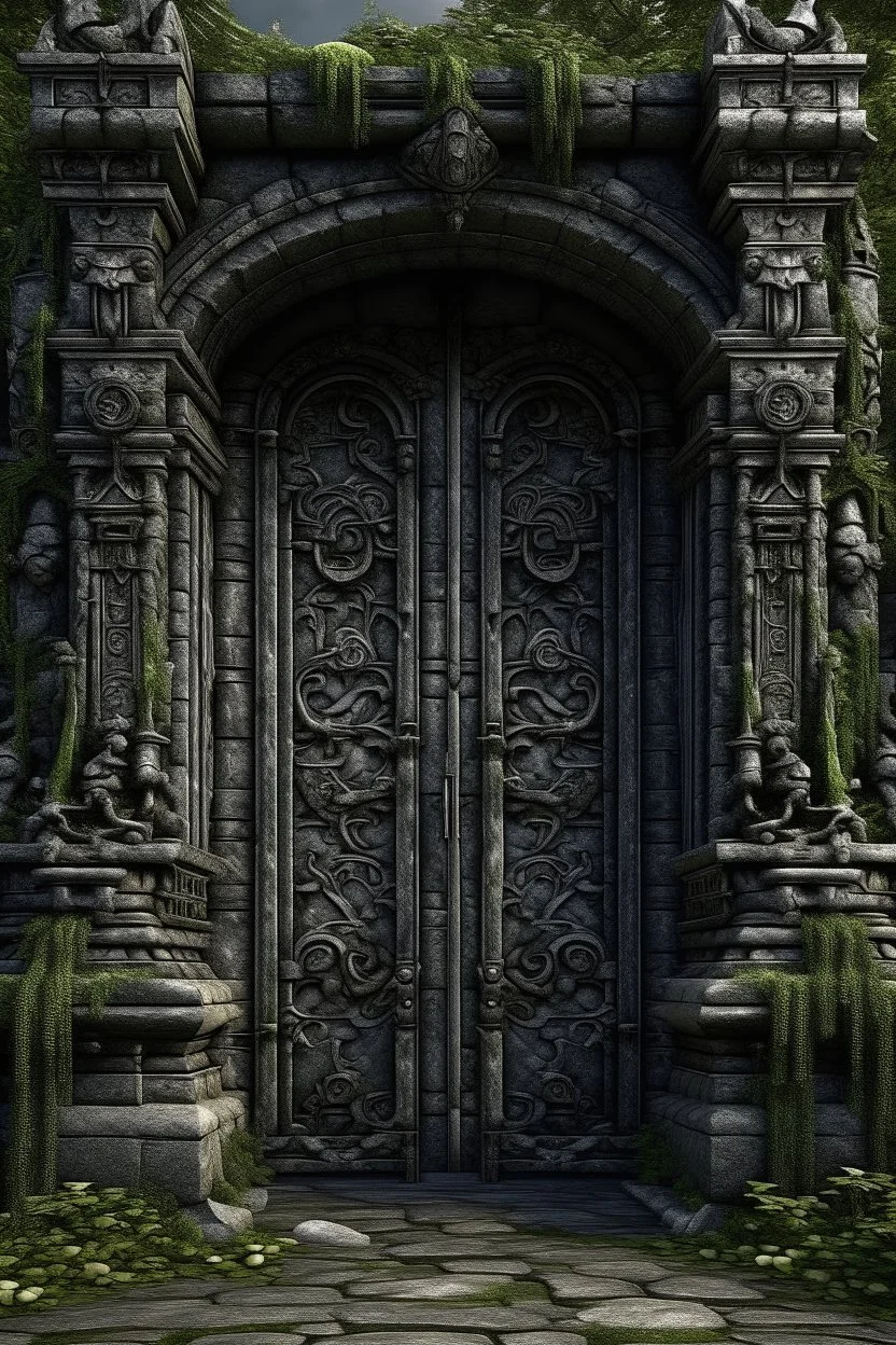 A huge wall made of granite black stones with a huge gate and giant open wooden doors in the forest dark material, surrealist, elementals, intricate background, masterpiece, octane rendered, artstation