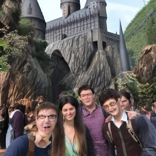 Harry Potter world with magic with beautiful surroundings with clear features of people and avartars, big fight with dark theme