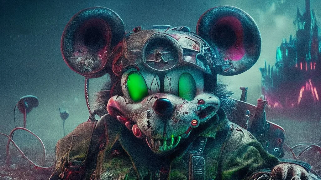 zombie mickey mouse hybrid, photorealism, movie screen capture, horror, sci-fi, retrofuturism,