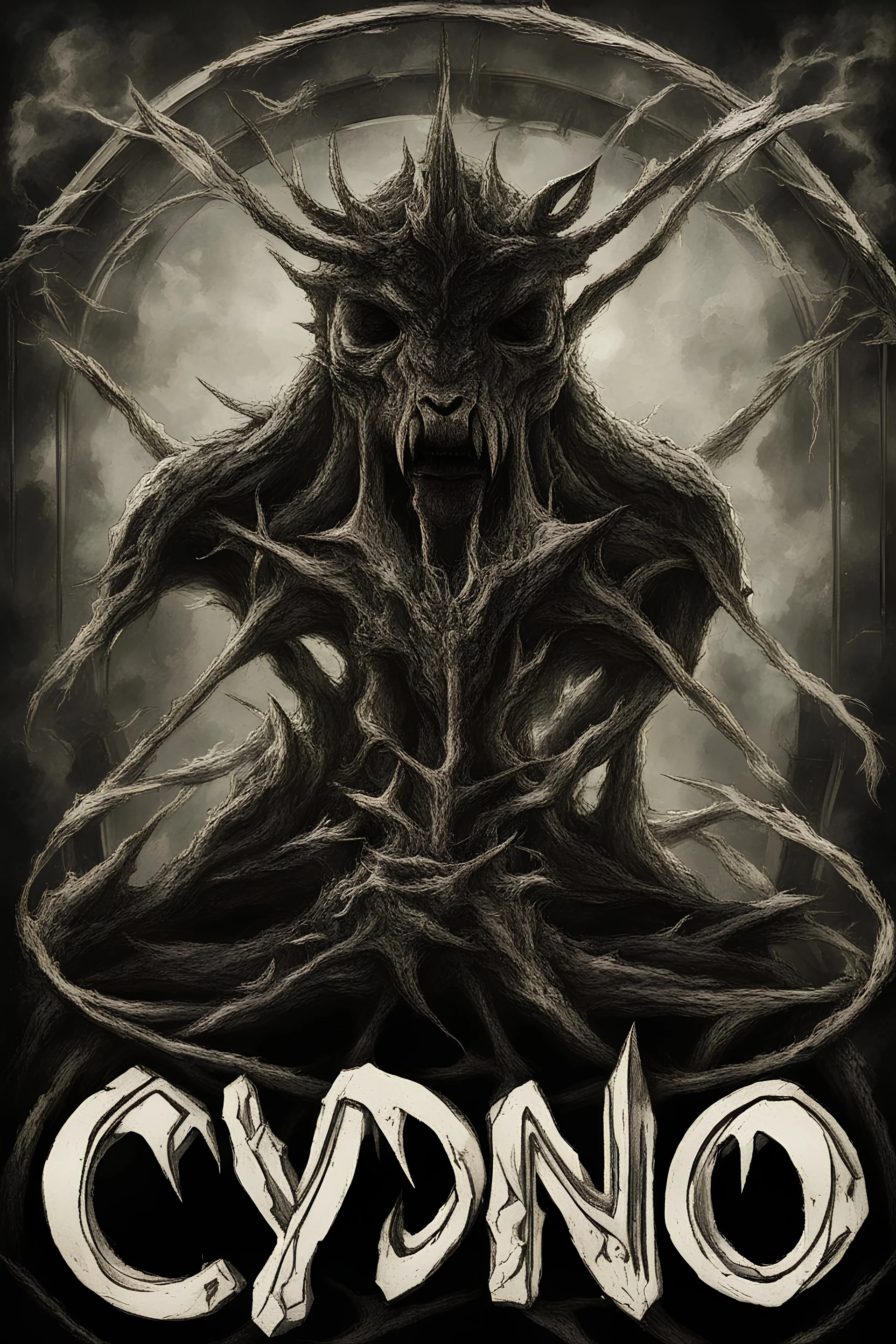 "Cydno" written in a style that fits a metal band. Nothing else... just this one word.