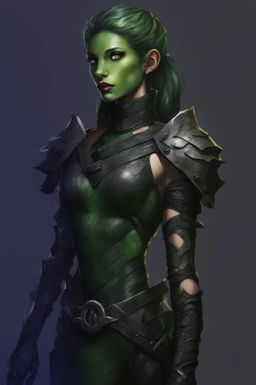 female snake humanoid, green scales, wearing a black leather armor, dungeons and dragons