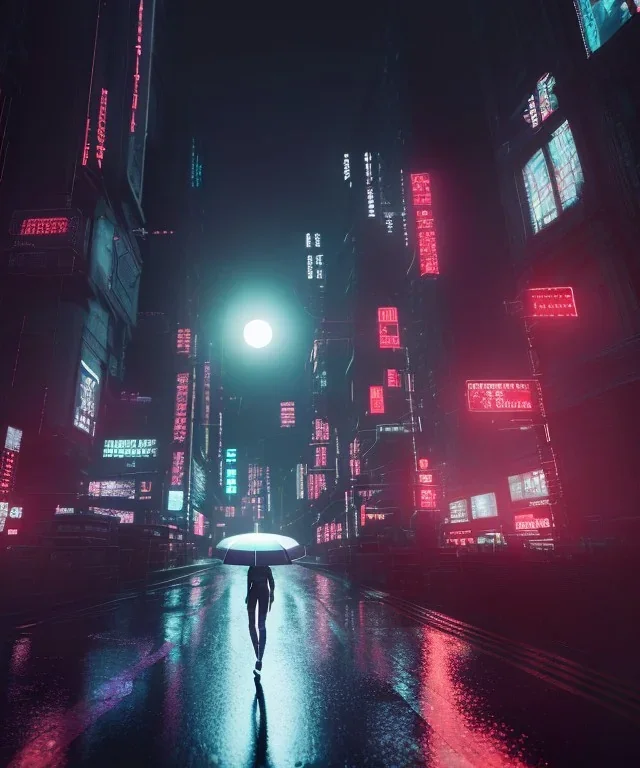 circular white moon, 3D, beautiful, light reflecting, empty city, midnight, rainy night, neon, cyberpunk, person walking