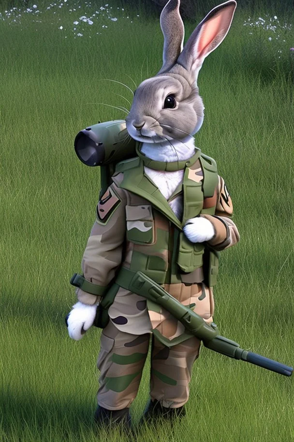 A pfp of a cute army bunny with army hat, camo shirt