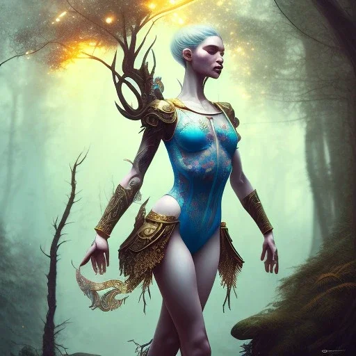 a tattooed beautiful female warrior wearing a magical leotard in a magical forest, fantasy art, in the style of greg rutkowski, illustration, epic, fantasy, intricate, hyper detailed, artstation, concept art, smooth, sharp focus, vibrant