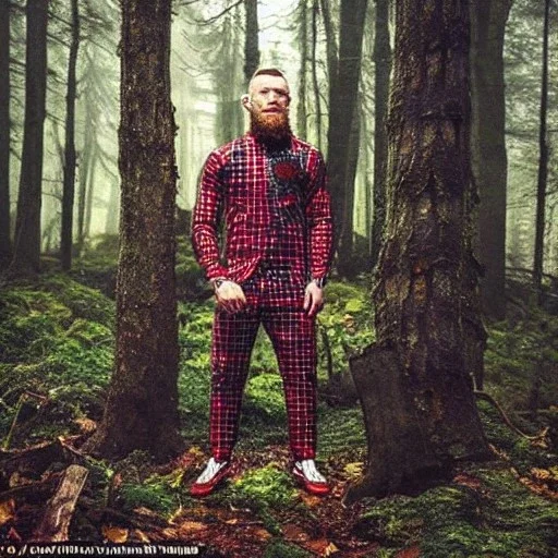 conor mcgregor with a red plaid shirt, a backpack and a rifle in a creepy forrest with zombies