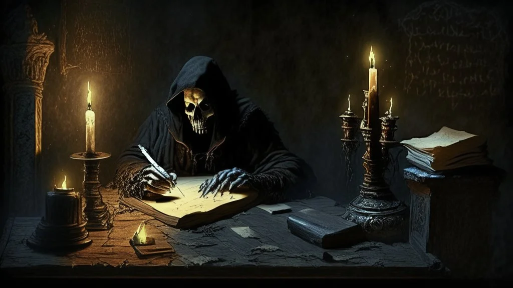 death man, on old desk, writing on old book, black tunike, on oldest throne on stone, candles, dirthy atmosphere, background darkness