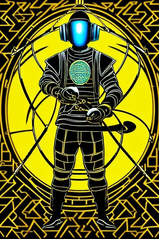 Geometric 3D Buddhist tiling on the background. Bronze color, Yellow, Black Cyan photograph Cyber-punk, full-mask, olAKG-style big headphones, golden rings & disc, fencing mask. Selfie archer. Asa Akira, lightly armored, electronic circuits. Thick tights, thick calves, bend fell, wide hip, flat belly. Ancient artifact attached. Perfect body. Matrix movie clothes, Silver leather area, tippet, latex. Wicked sneakers. Daft Punk, Tron Movie. 1990's, old telephone microphone. Haute Couture