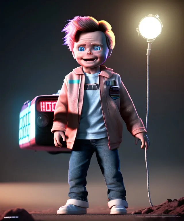 Marty mcfly Emmet brown toddler, full body, delorean, dramatic lighting, hyper realistic