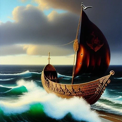 portrait of 'Viking Ship on rough seas',snow,viking with horned helmet,ancient armor,painting by Earl Norem, simon Bisley,frazetta evan lee, Vallejo,kelly oil on canvas, cinematic composition, extreme detail,fit full head inside picture,8k