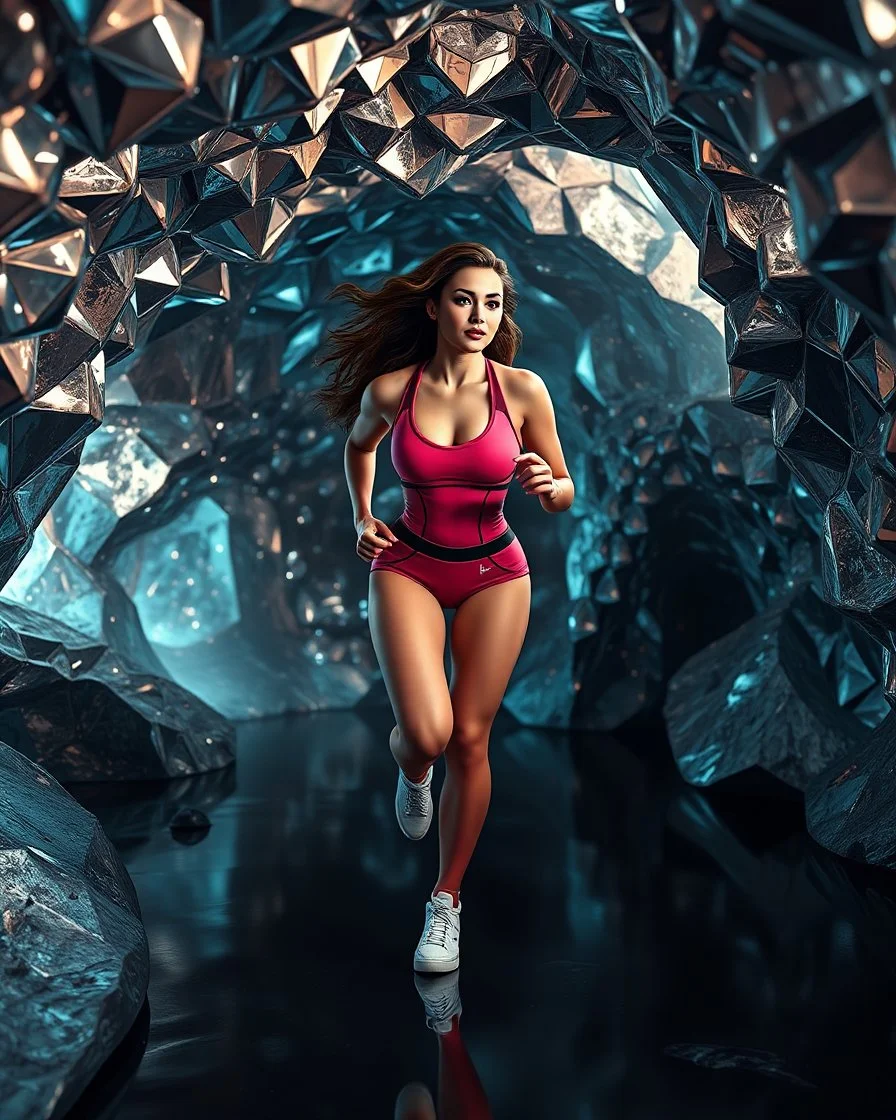 make a picture pretty cave made of crystal and metallic 3d fractal recursive cubic and sphere base structures and a beautiful fashion model lady with cute,curvy long hair,makeup, in pretty sports suit is running inside cave ,dynamic camera fallow her inside cave capturing full body, dynamic lights.