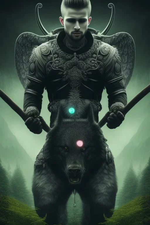 running berserker portrait , black jogging suite , in the night Alps , holding leaves and coins , angels background, volumetric light, high detail, dark leaf tree, dark mountains in background, perfect, HR Giger style