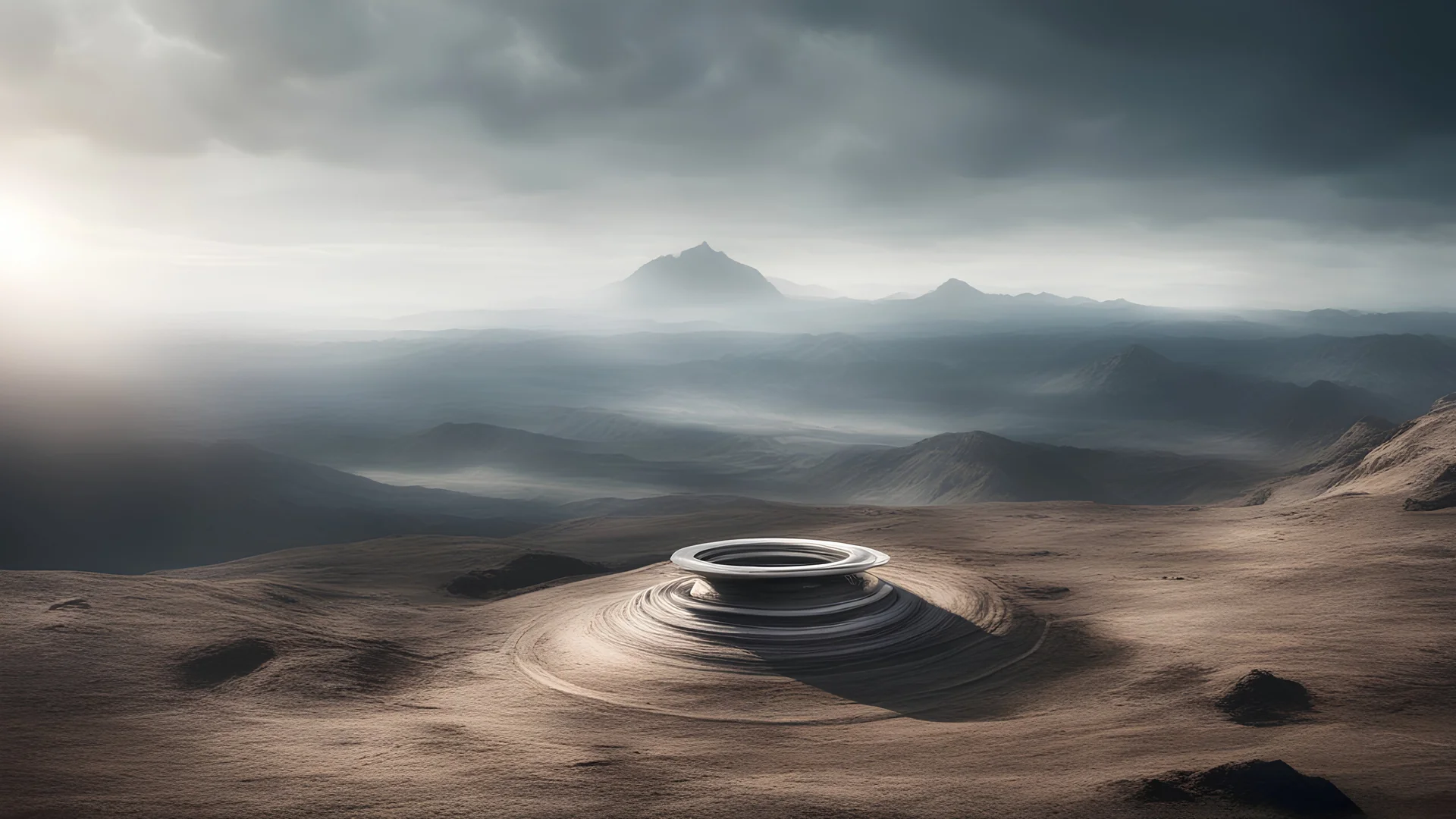 Photoreal magnificent floating ring-shaped alien structure floating above a spiral mountain on the far horizon by lee jeffries, otherworldly creature, in the style of fantasy movies, photorealistic, shot on Hasselblad h6d-400c, zeiss prime lens, bokeh like f/0.8, tilt-shift lens 8k, high detail, smooth render, unreal engine 5, cinema 4d, HDR, dust effect, vivid colors
