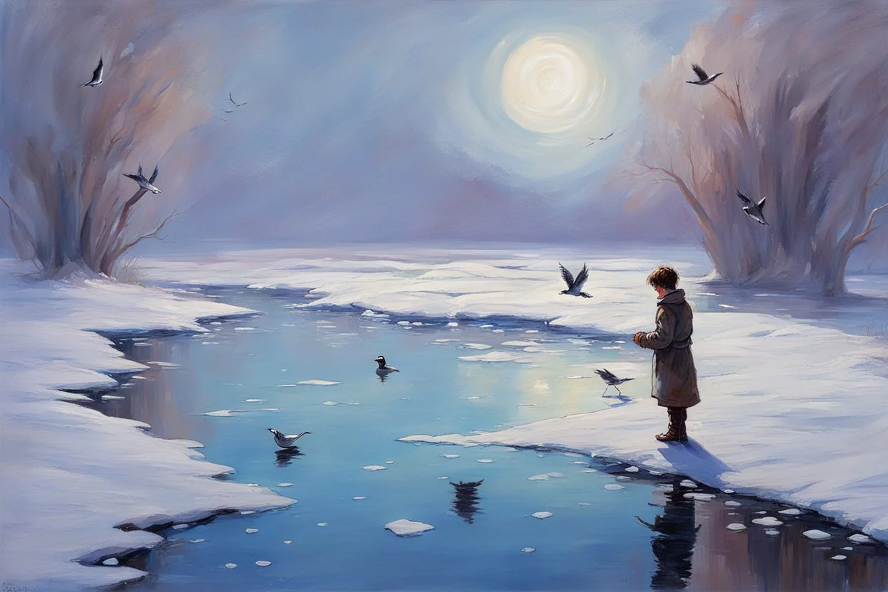 Gems, little puddle, space, person, ice, winter, flying birds, fantasy, john singer sangent impressionisn painting