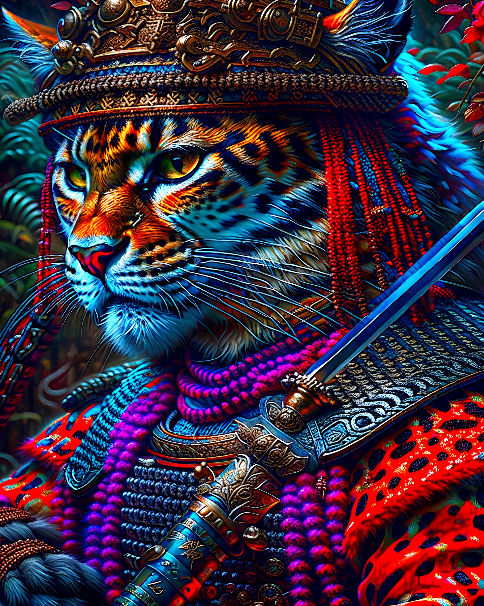 Leopard Samurai intricate oil painting hyper-detailed 8k