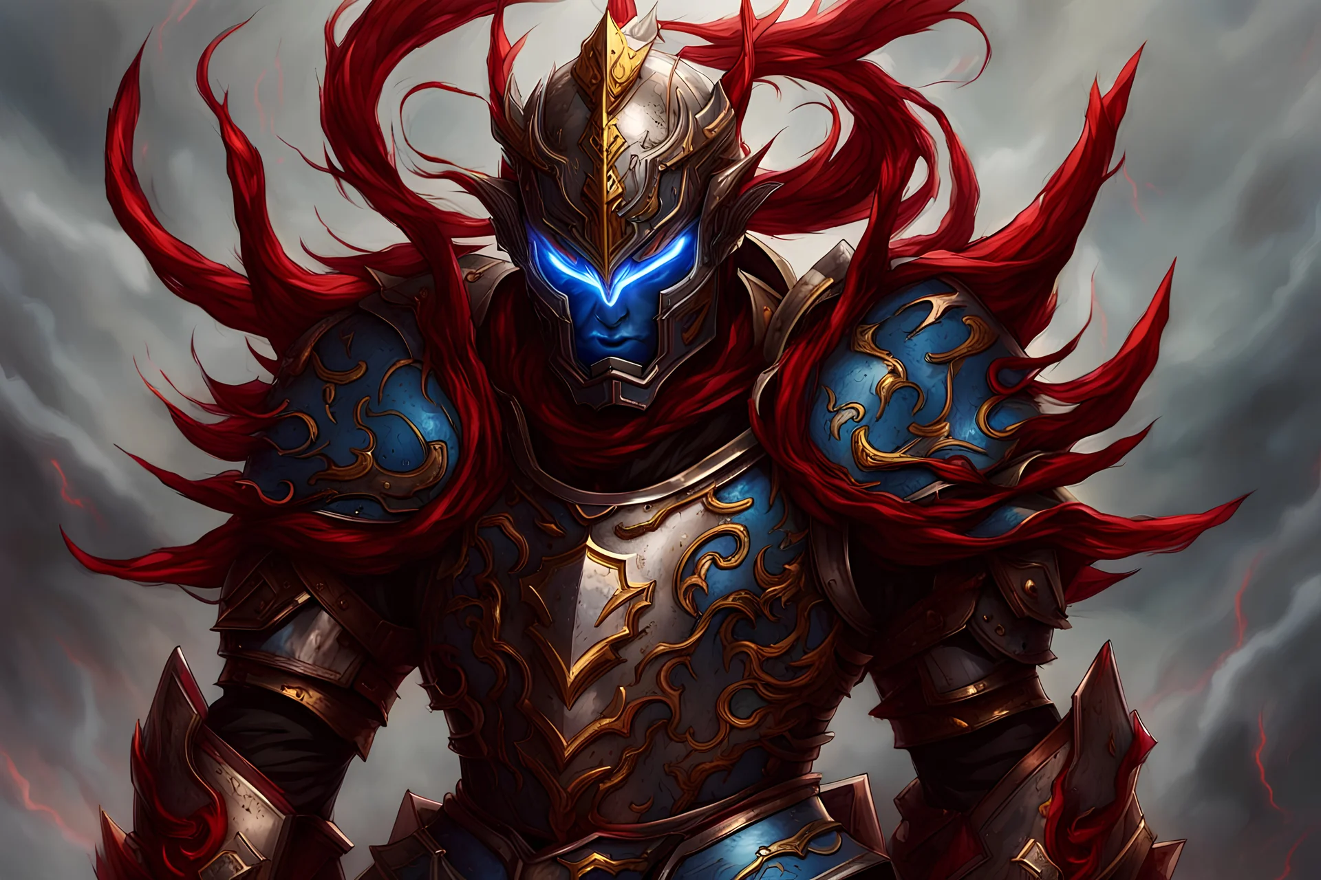 silver and crimson lightning Raijin knight, blue electric horns that sprout forwards, a silver mask that covers the lower face, golden highlights throughout the armour, electricity emitting from the armour as a lightning arch appears from the back, crimson hair appearing out of the helmet