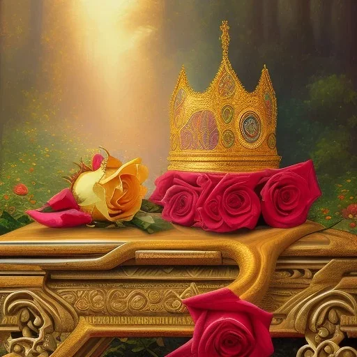 a dreamy yet sorrowful oil painting of a detailed golden crown next to a red rose on a bench in a flower garden