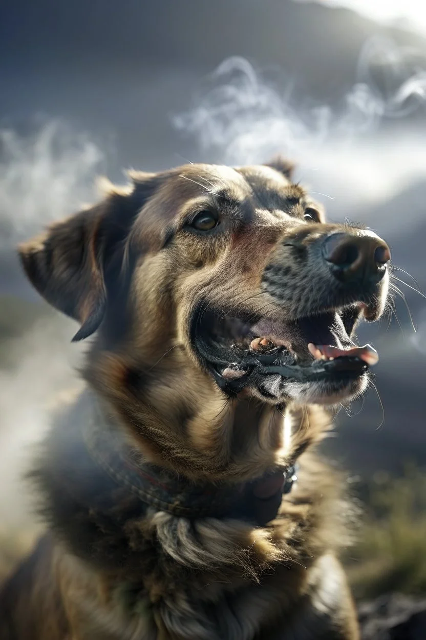 film grain for realism, portrait of top dog hero laughing smoke rings at mountain top , lightening storm brewing,shot on Hasselblad h6d-400c, zeiss prime lens, bokeh like f/0.8, tilt-shift lens 8k, high detail, smooth render, down-light, unreal engine, prize winning