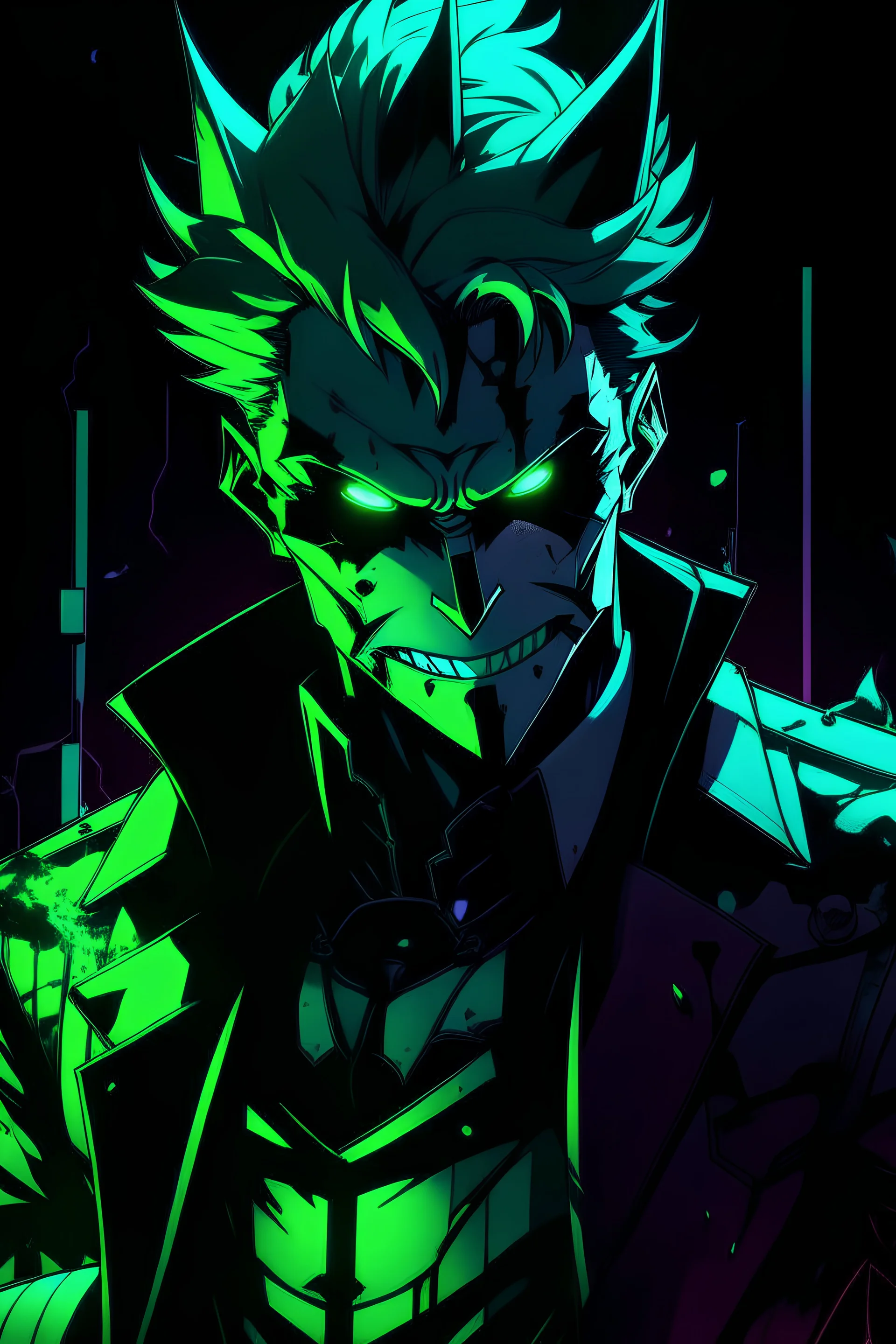 A very close picture to Mix between the joker and batman in solo leveling shadow art style with neon green details