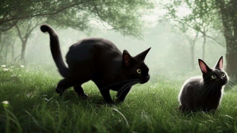 A black cat staring a white rabbit in the forest.