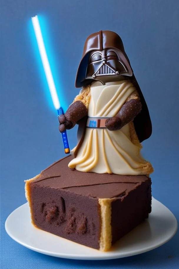 sponge cake filled with chocolate topped with a marzipan Jedi holding a lightsaber