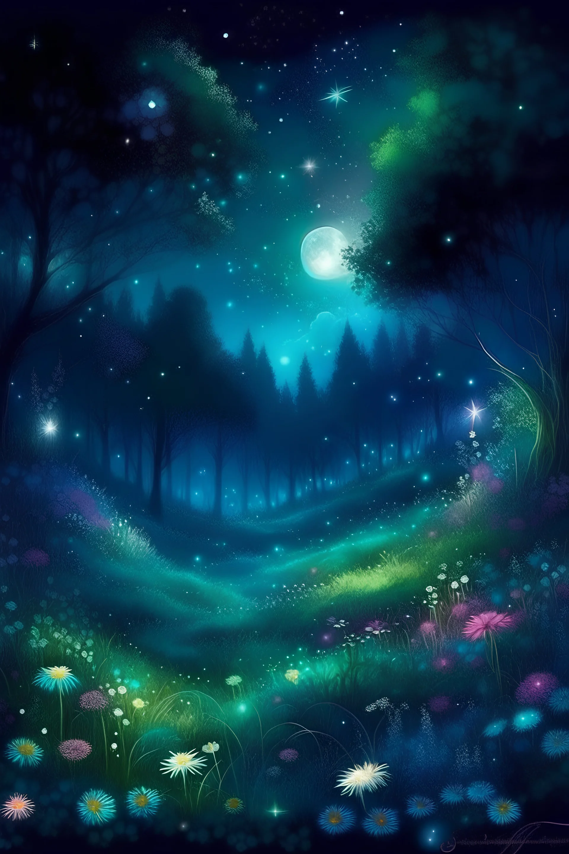 Fantasie Nacht Wald Wiese Mondschein Glitzer liebe