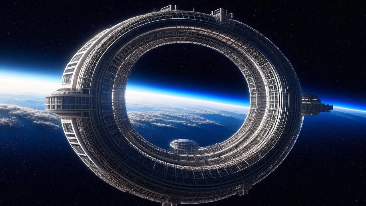 circular, tube, space station over a planet, photorealism