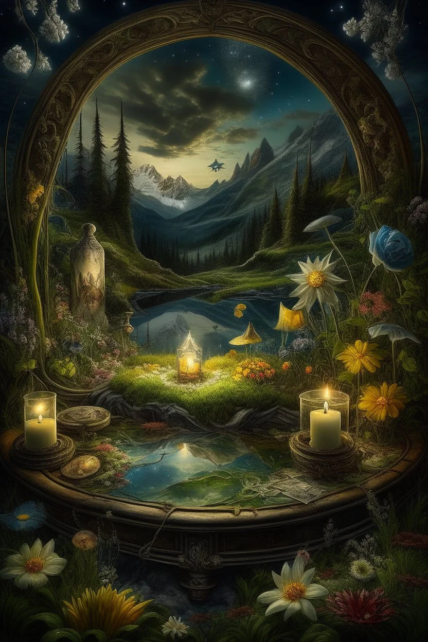 Hyperrealism against the background of a spring landscape in the forest +mirror with a tsunami whirlpool +mountains +ritual +candles+dried flowers+wildflowers+moss++decoupage of flowers+embroidery technique+braided beads+vine+moonlit night,fabulous landscape,surrealism,realism,naturalism,dot technique,microdetalization,high detail objects,digital illustration,volumetric clarity,dark fantasy,dark botanical, professional photo