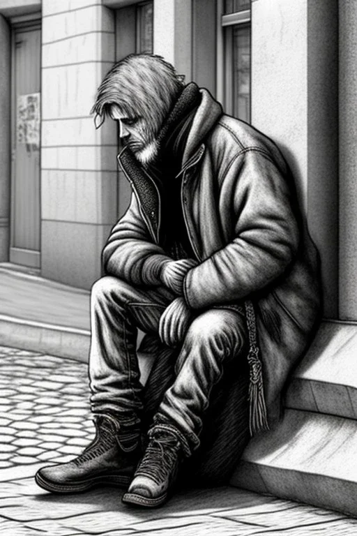 One single mature homeless eagle with worn out clothes, sitting in a corner on the street, guitar standing on the left side, Vienna, mourning, model style, hyper realistic, extremely accurate, delicate, extremely detailed, Graphic novel style, wide-angle, open aperture, superfine pencil