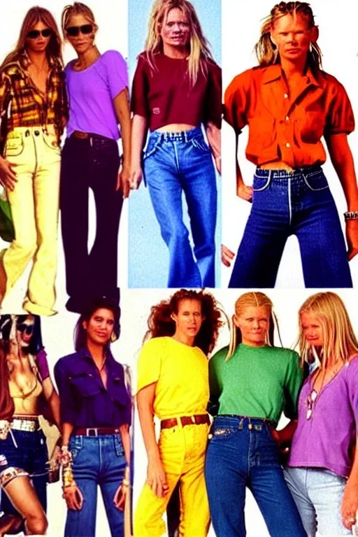 year 1996 denim fashion. Loose fit, low waist. Colors: denim blue, blue, purple, khaki, light green, lilac, plum, orange, terracotta, red, light yellow, lion yellow, pink, dark blue, beige. Women models. Jennifer Lopez, Kate Moss, Gwyneth Paltrow