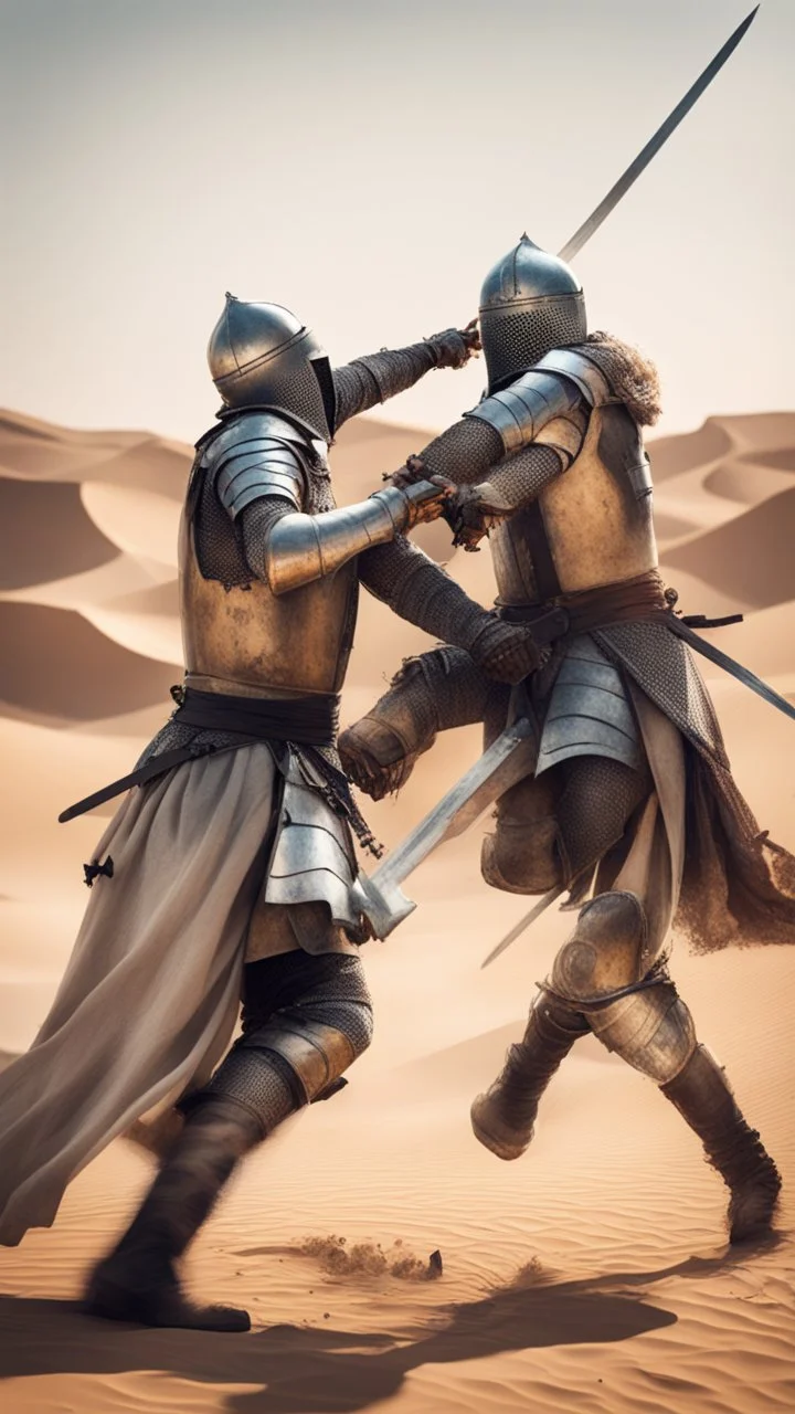 Picture of two knights fighting with swords, in the desertA picture of a Muslim knight killing another knight with a sword