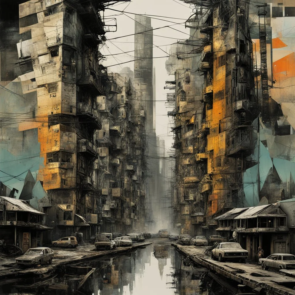 Double exposure city made from geometric shapes by Dan Mountford, by John Stephens, by Russ Mills, by H.R. Giger, impressionism, splash art, muted complimentary colors, rule of thirds, weird landscape, twisted noir mindbending geometric progressions.