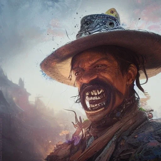 Insanely detailed photograph of an “ El Guapo from three amigos ”, smiling clear face and hyperdetailed painting by Ismail Inceoglu Huang Guangjian and Dan Witz CGSociety ZBrush Central fantasy art album cover art,8K, hdr, epic, mysterious, ominous, hands focused on a glowing D20, jewelry, motivated