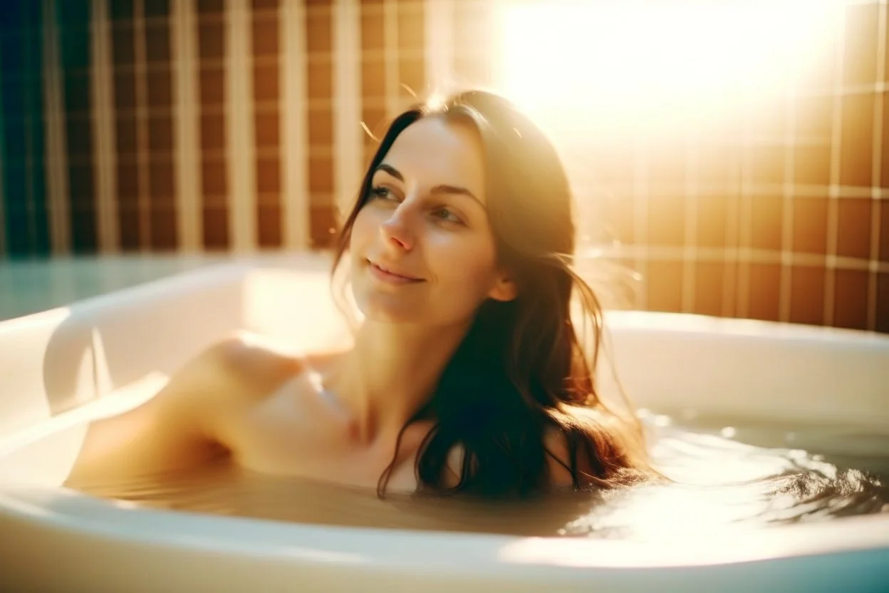 contented beautiful brunette in a big foam spa bathtube spa things, soft colors, in sunshine