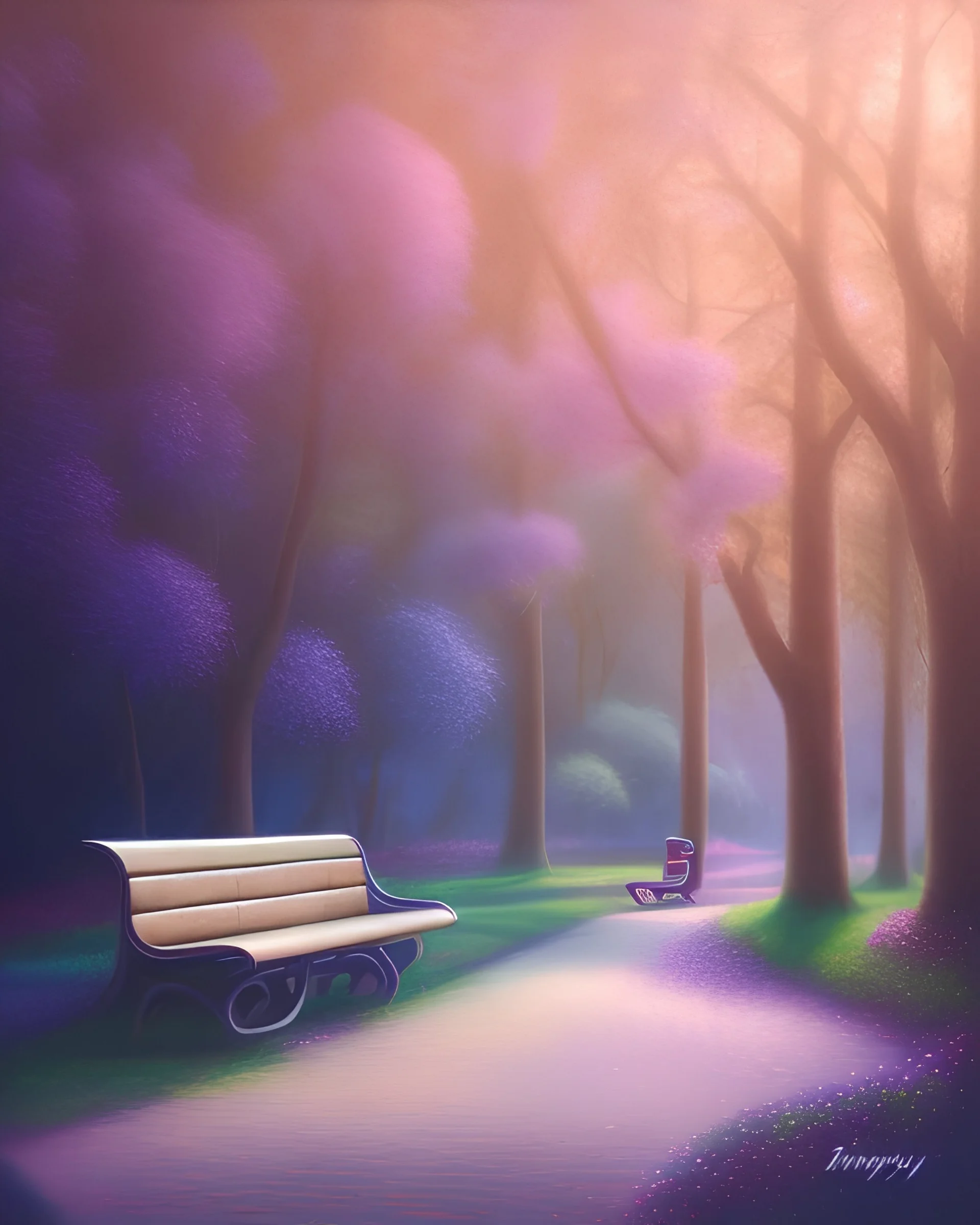 park mystical dream, park bench, man, woman, child, dog, trees, path, bird, sunshine, mystical, fantasy, romanticism, pastel colors, daylight, daytime, acrylic painting, detailed, soft focus,