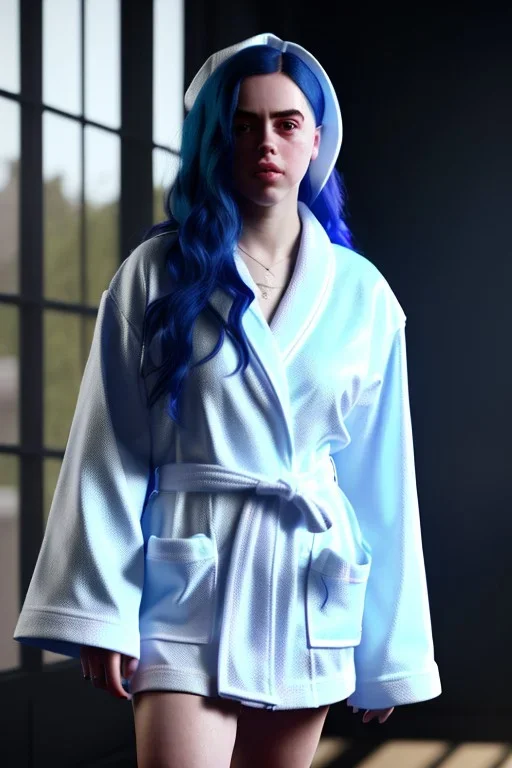 Billie Eilish, bathrobe, stockings, high detail, realistic, 8k, not to be distinguished from a photo, identical pupils